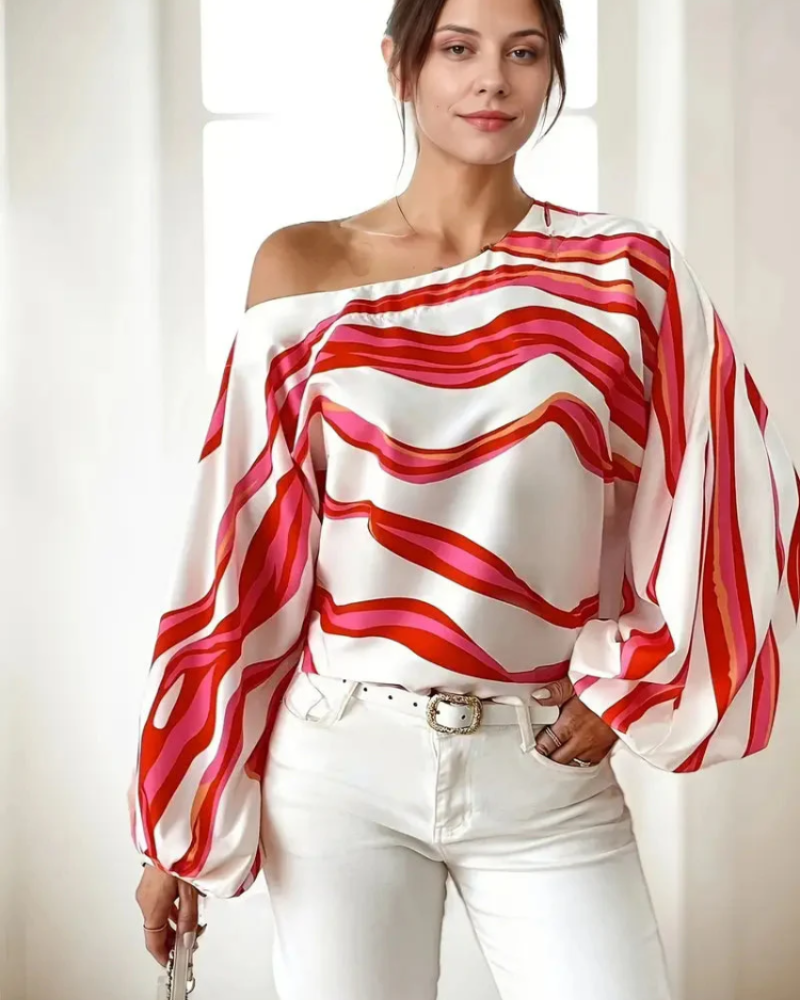 Freya Women’s One Shoulder Blouse – Asymmetrical Wave Print Top with Balloon Sleeves