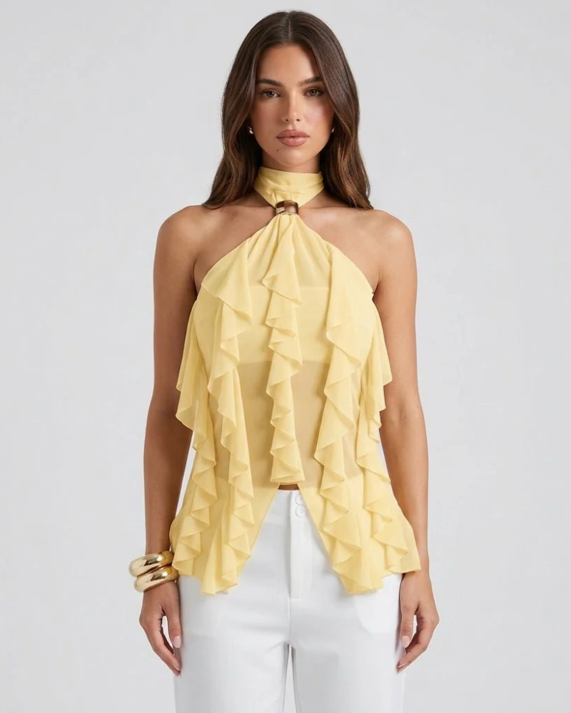 Caris Women's Halter Top – Elegant Ruffle Evening Top with Gold Accent Detail