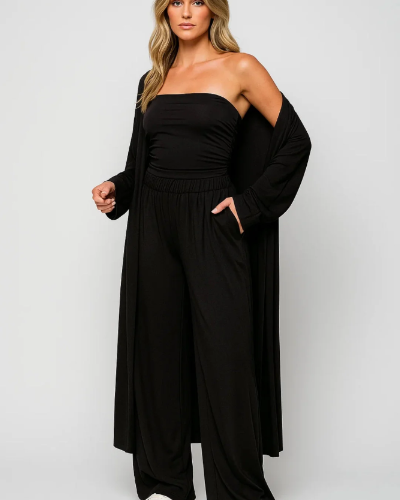 Sienna Women's 3 Piece Set – Strapless Crop Top, Wide Leg Pants & Cardigan Outfit