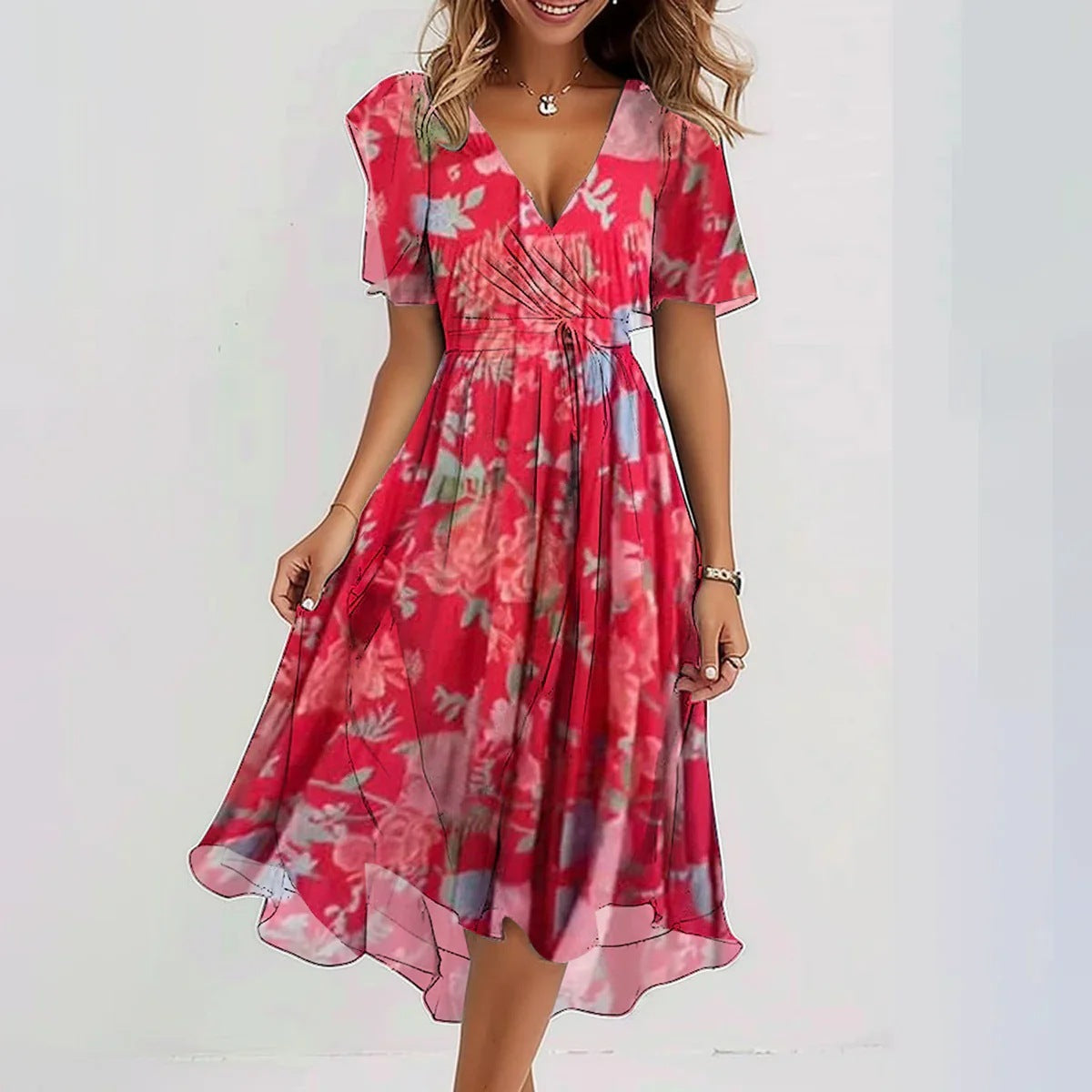 Clara Women’s Short Sleeve Dress – Elegant Casual Midi Dress with Flattering Fit
