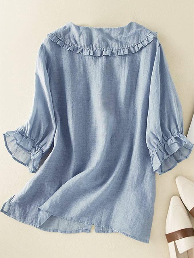 Jillian Women’s Cotton Linen Blouse – Ruffle Collar Loose Fit Casual Chic Shirt