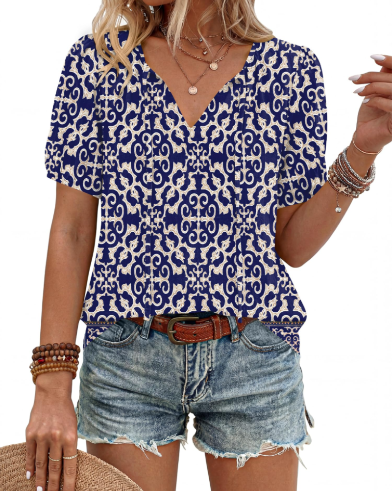 Kendra Women’s Boho Blouse – V-Neck Tie Front Puff Sleeve Lightweight Summer Top