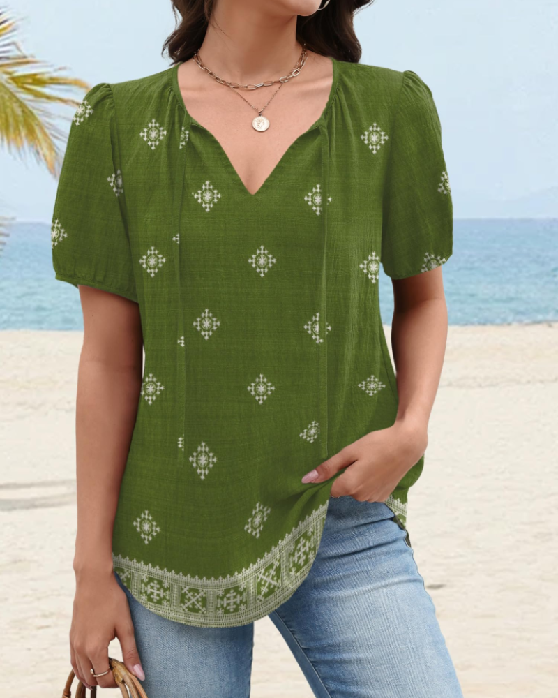 Kendra Women’s Boho Blouse – V-Neck Tie Front Puff Sleeve Lightweight Summer Top