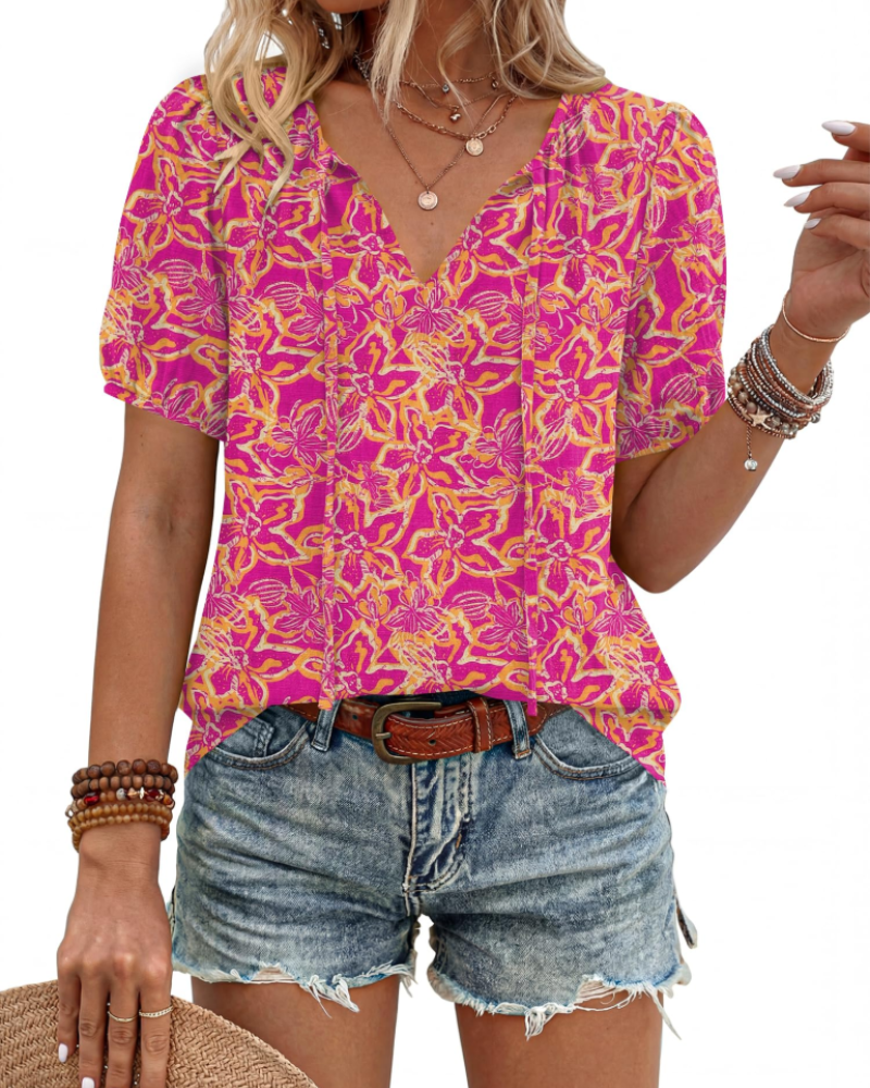 Kendra Women’s Boho Blouse – V-Neck Tie Front Puff Sleeve Lightweight Summer Top