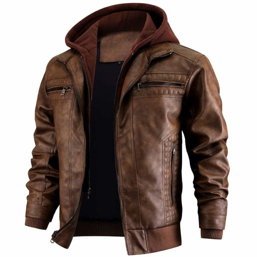 Jace Men’s Leather Jacket – Retro Biker Coat with Hood & Durable Zip Design