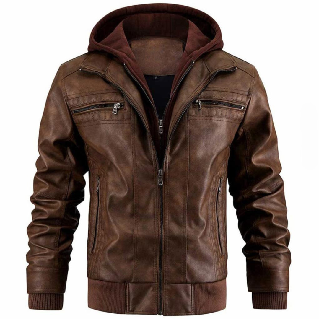 Jace Men’s Leather Jacket – Retro Biker Coat with Hood & Durable Zip Design