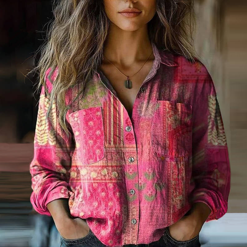Mira Women’s Vintage Blouse – Ethnic Print Button-Up Shirt with Relaxed Fit