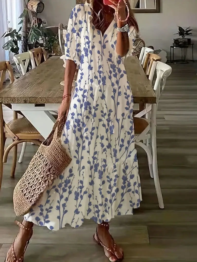 Charlotte Women’s Boho Dress – Ikat Print Summer Dress with V-Neck & Ruffle Details