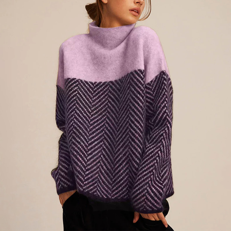 Arla Women’s Cashmere Turtleneck Sweater – Oversized Chevron Knit Winter Jumper