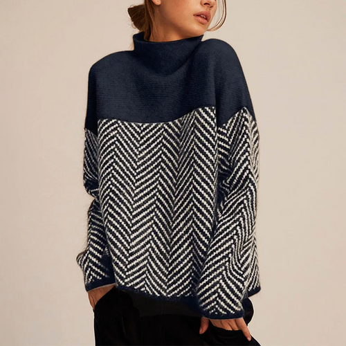 Arla Women’s Cashmere Turtleneck Sweater – Oversized Chevron Knit Winter Jumper
