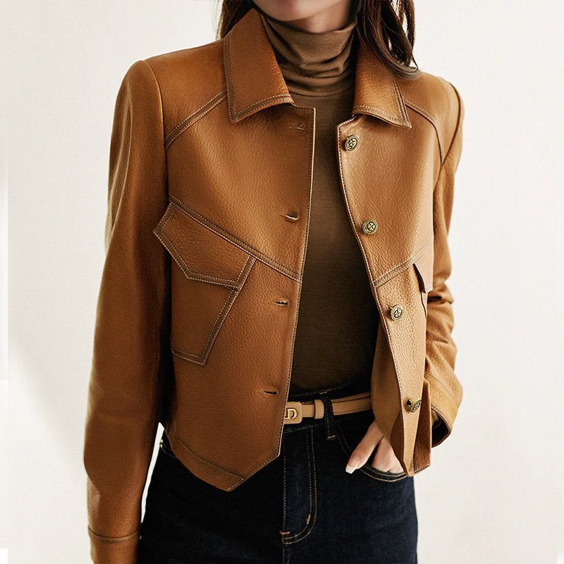 Anita Women’s Leather Jacket – Elegant Button-Up Jacket with Soft Comfort Fit