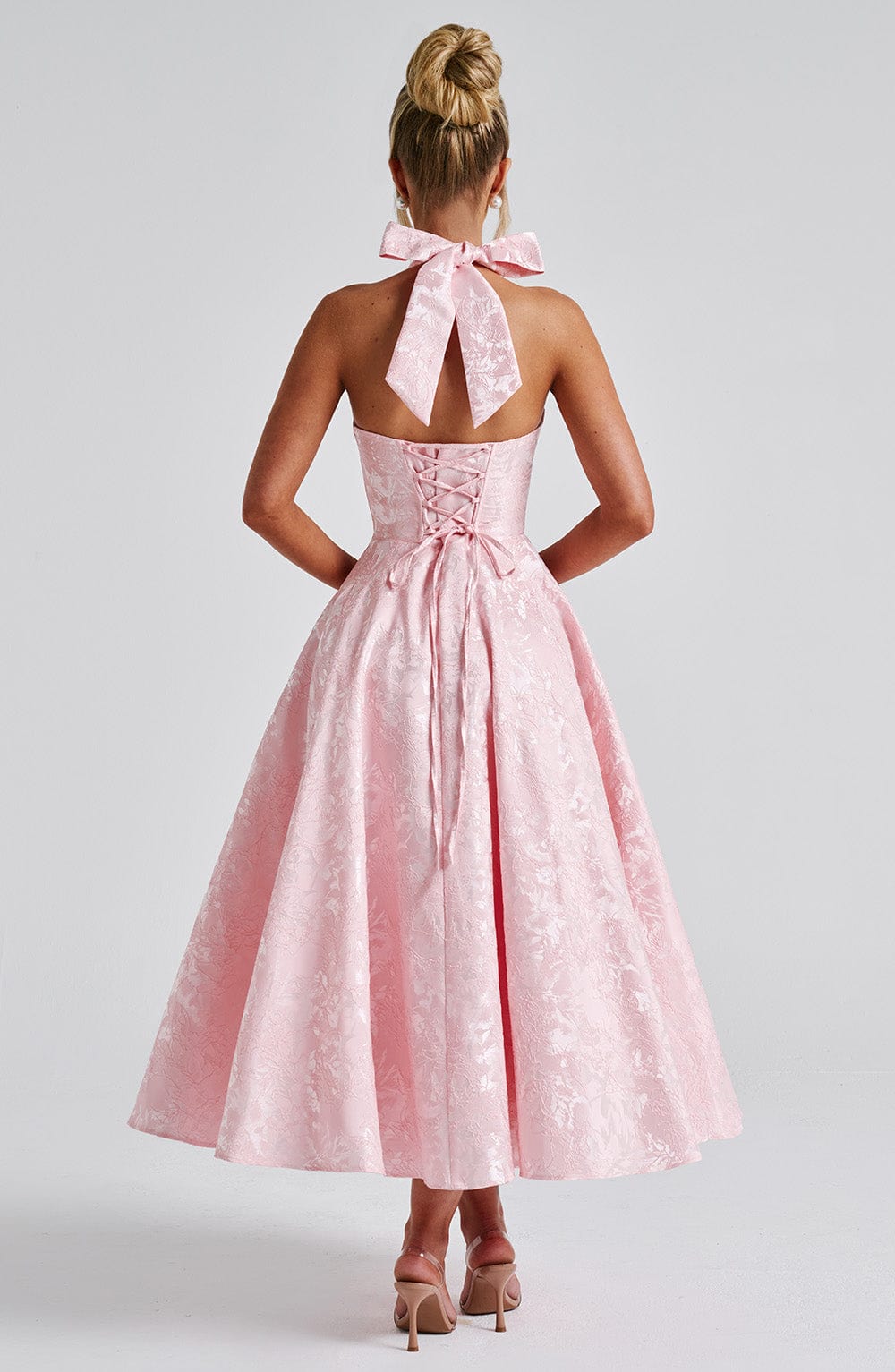 Iris Women’s Midi Dress – Elegant Backless Corset Dress with Floral Jacquard