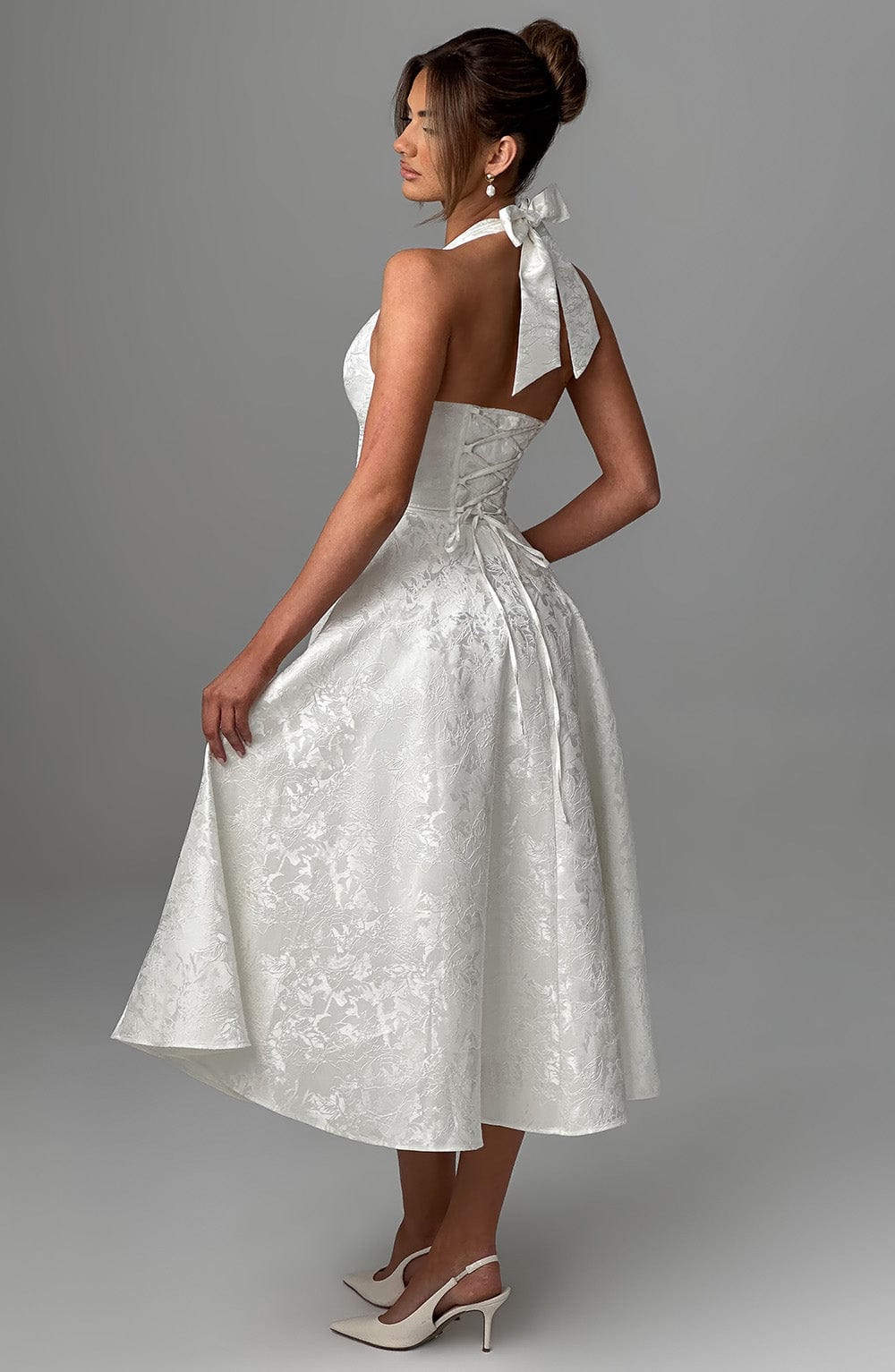 Iris Women’s Midi Dress – Elegant Backless Corset Dress with Floral Jacquard