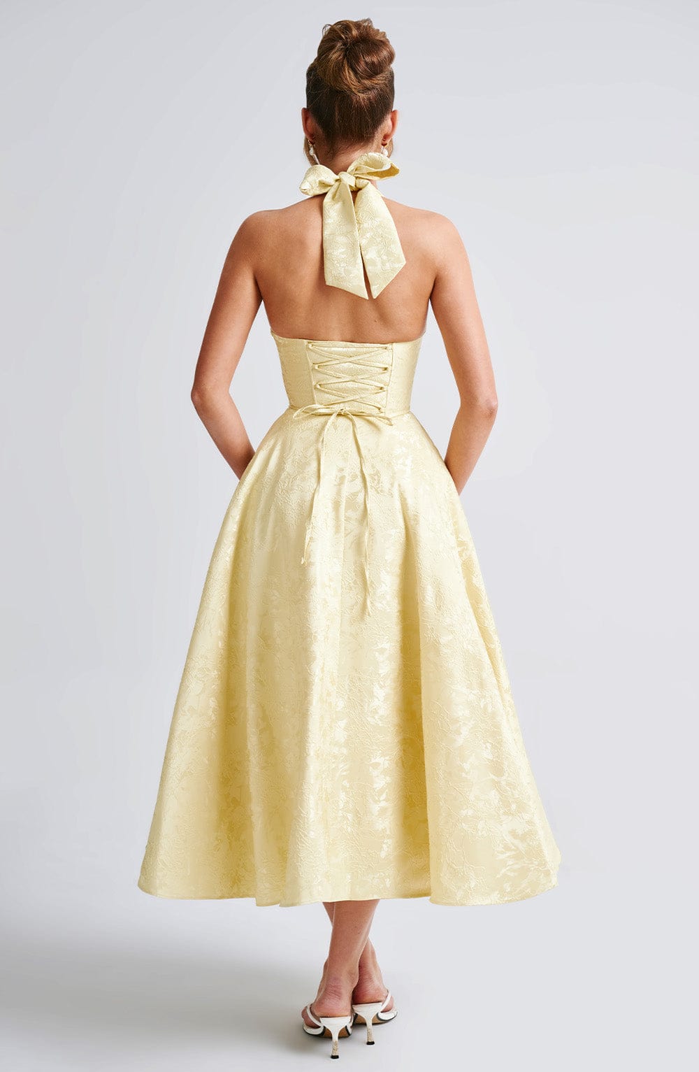 Iris Women’s Midi Dress – Elegant Backless Corset Dress with Floral Jacquard