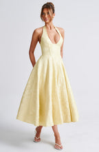 Iris Women’s Midi Dress – Elegant Backless Corset Dress with Floral Jacquard