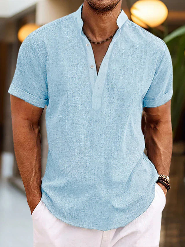 Silas Men’s Linen Henley Shirt – Breathable Short Sleeve Summer Casual Top