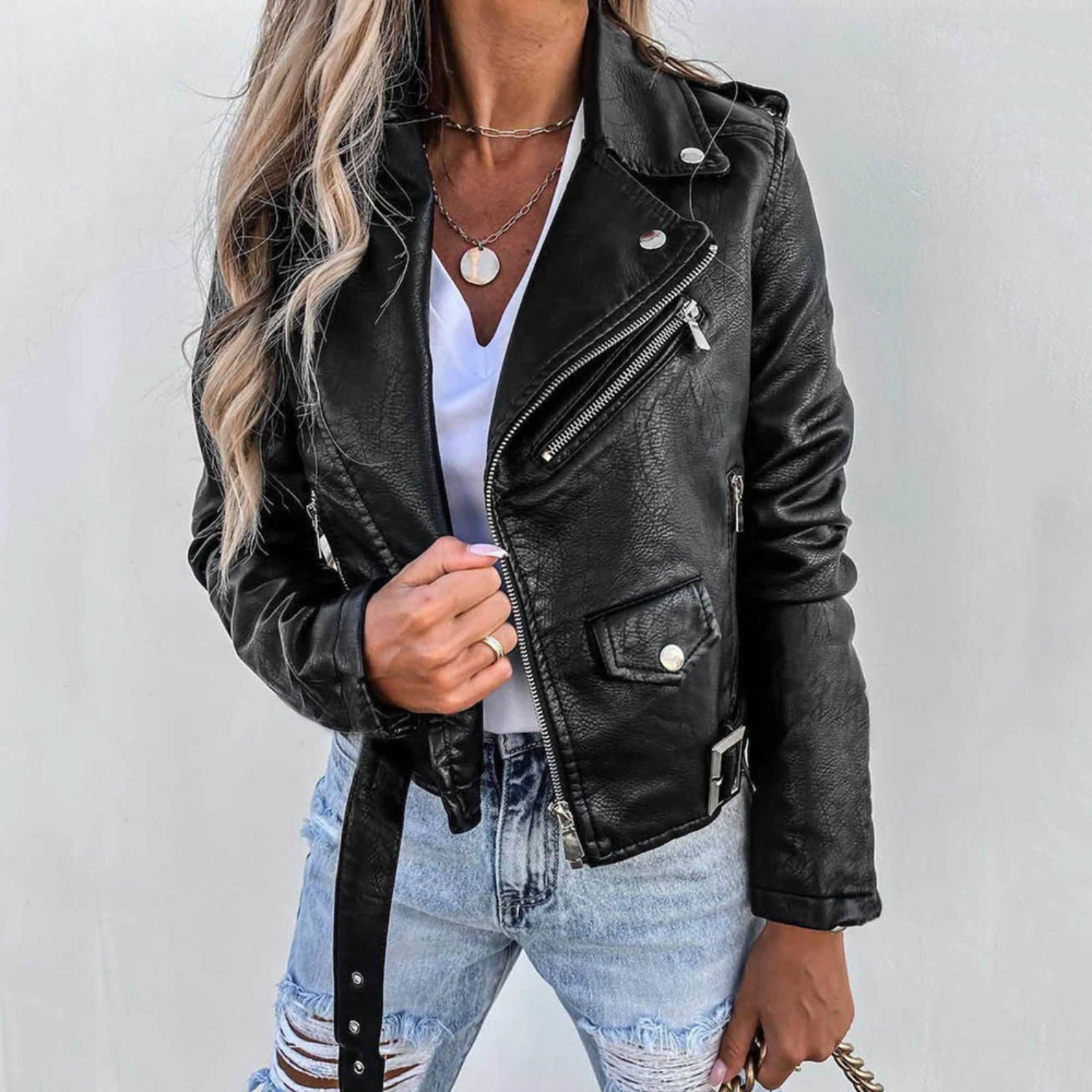 Eva Women’s Leather Jacket – Premium Belted Moto Jacket with Stand Collar