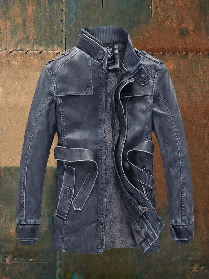 Shon Men’s Vintage Leather Jacket – Retro Zip-Up Coat with Warm Soft Lining