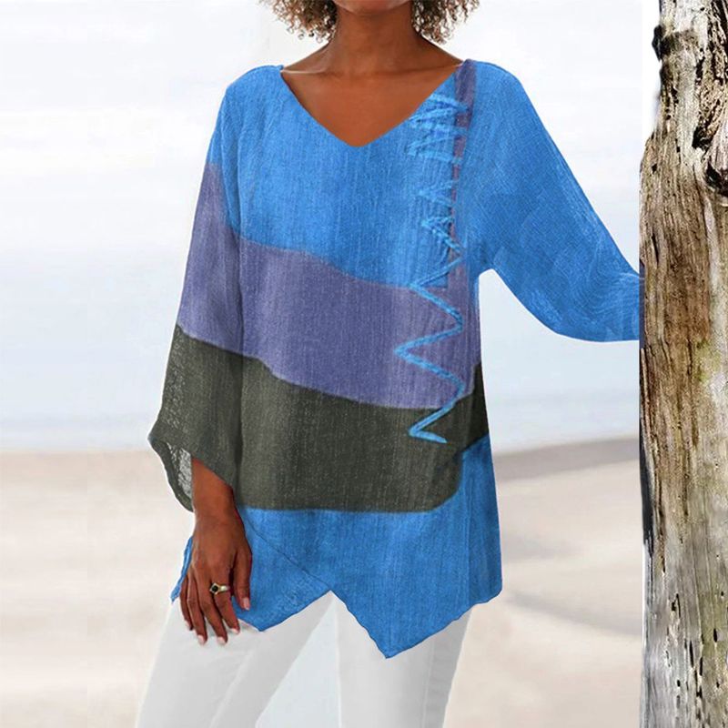 Solange Women’s V-Neck Top – Colour Block Blouse with Flattering Relaxed Fit