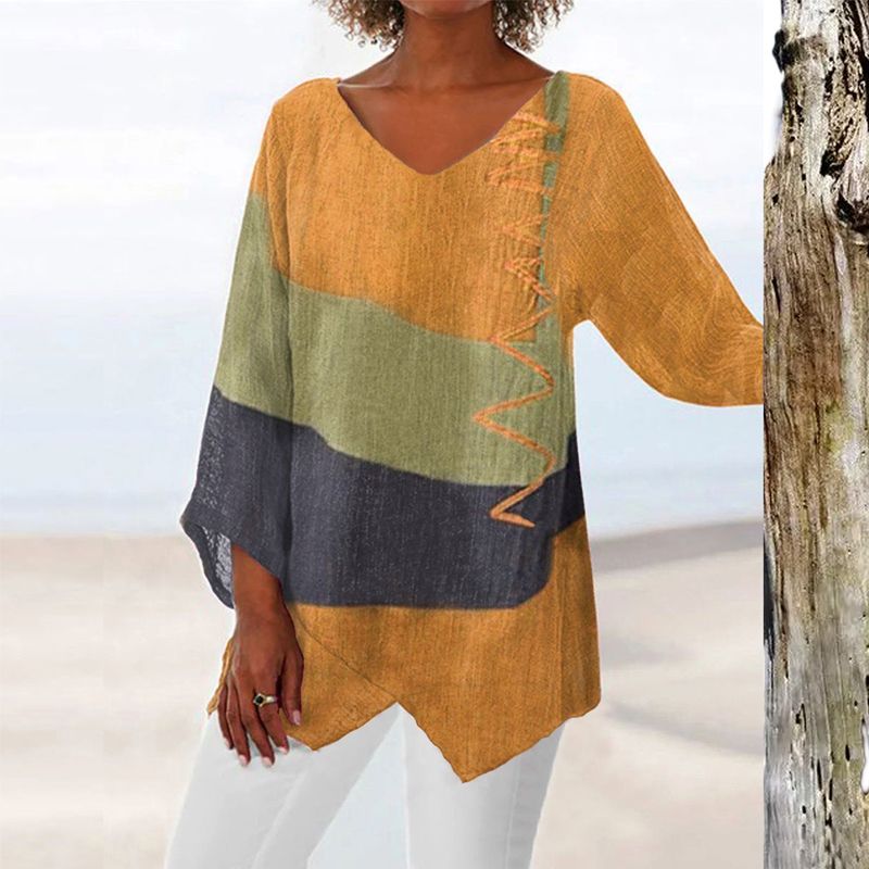 Solange Women’s V-Neck Top – Colour Block Blouse with Flattering Relaxed Fit