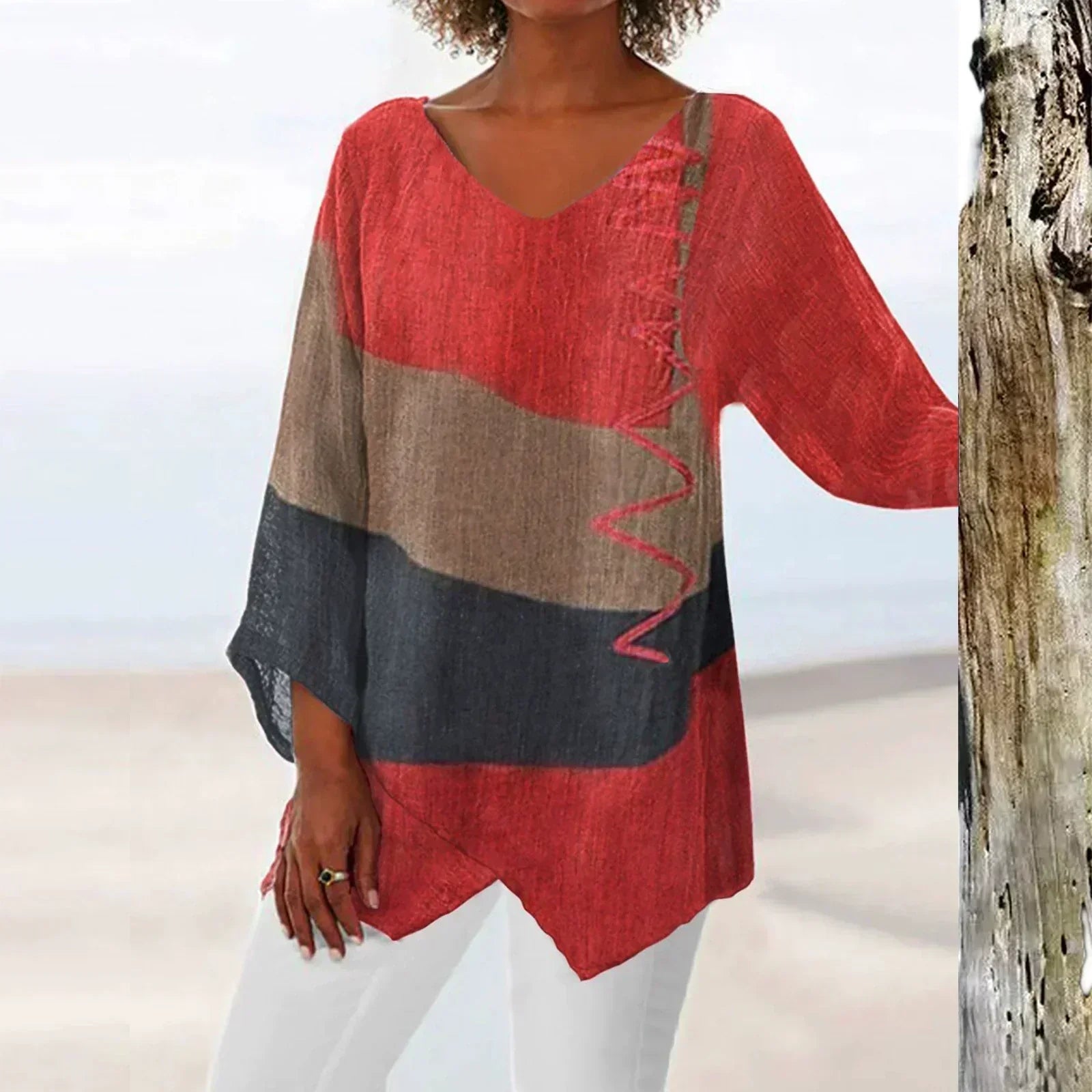 Solange Women’s V-Neck Top – Colour Block Blouse with Flattering Relaxed Fit