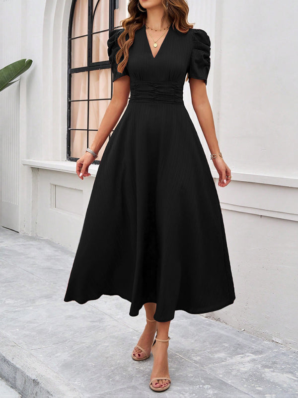 Clara Women’s Midi Dress – Elegant V-Neck A-Line Dress with Puff Sleeves
