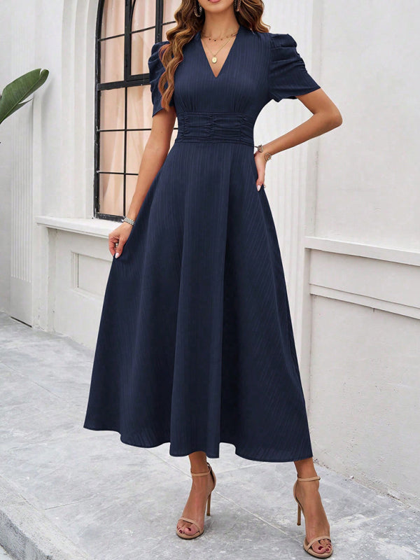 Clara Women’s Midi Dress – Elegant V-Neck A-Line Dress with Puff Sleeves
