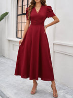 Clara Women’s Midi Dress – Elegant V-Neck A-Line Dress with Puff Sleeves