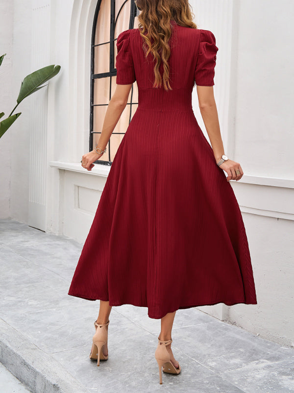 Clara Women’s Midi Dress – Elegant V-Neck A-Line Dress with Puff Sleeves