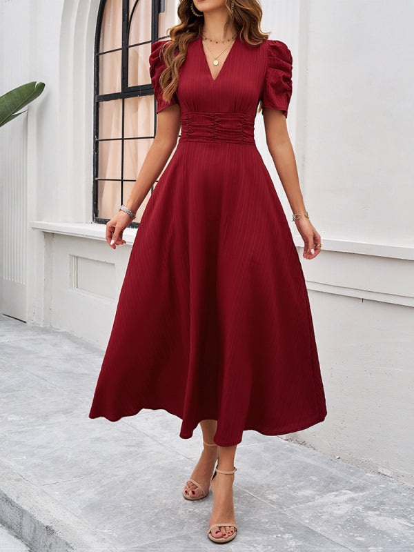 Clara Women’s Midi Dress – Elegant V-Neck A-Line Dress with Puff Sleeves