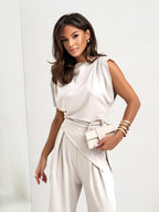 Vivine Women’s Two-Piece Set – Elegant Draped Top & Wide Leg Trousers Co-Ord