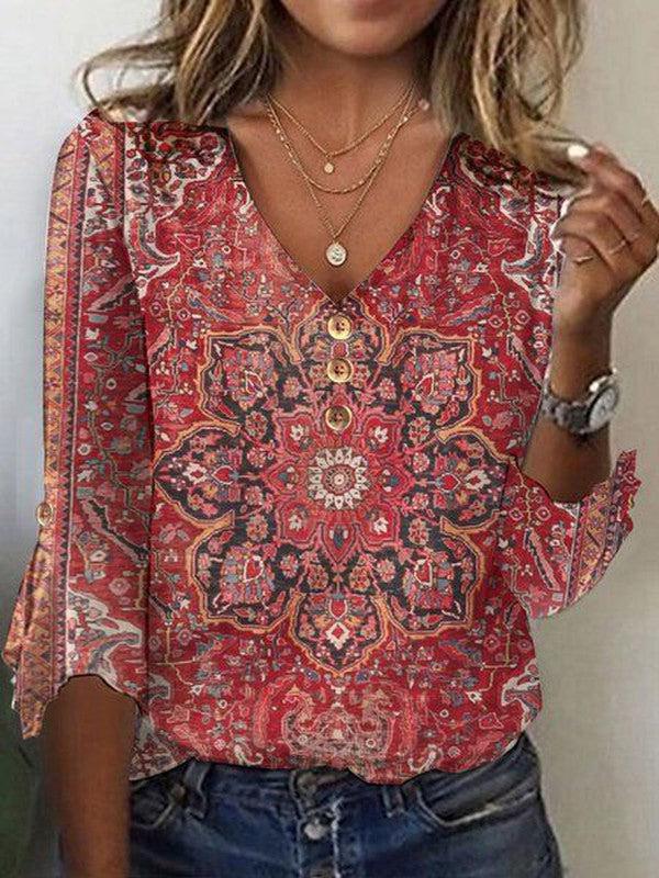 Brianna Women’s Boho Blouse – Ruby Print Top with Relaxed Fit & Elegant Oriental Style