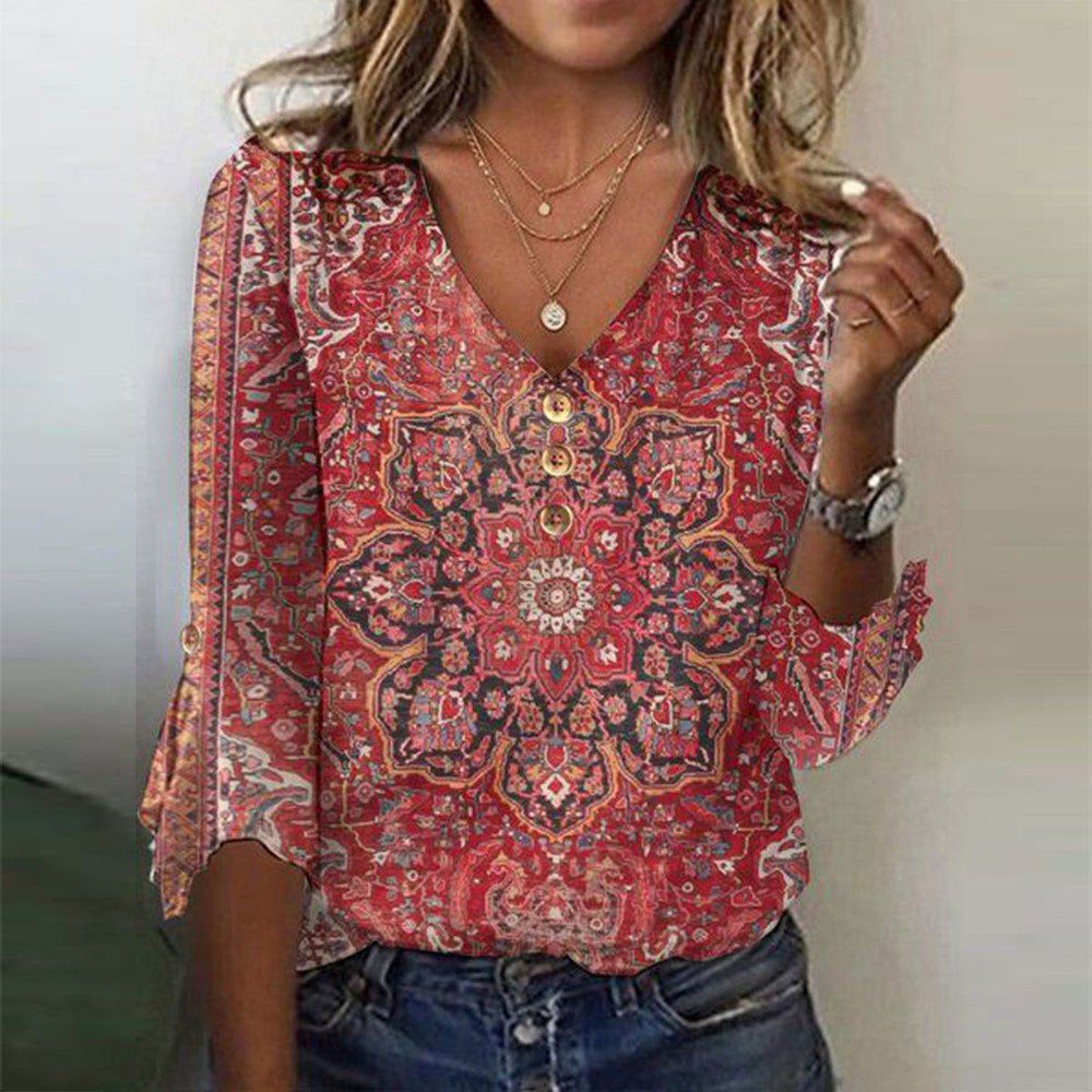 Brianna Women’s Boho Blouse – Ruby Print Top with Relaxed Fit & Elegant Oriental Style
