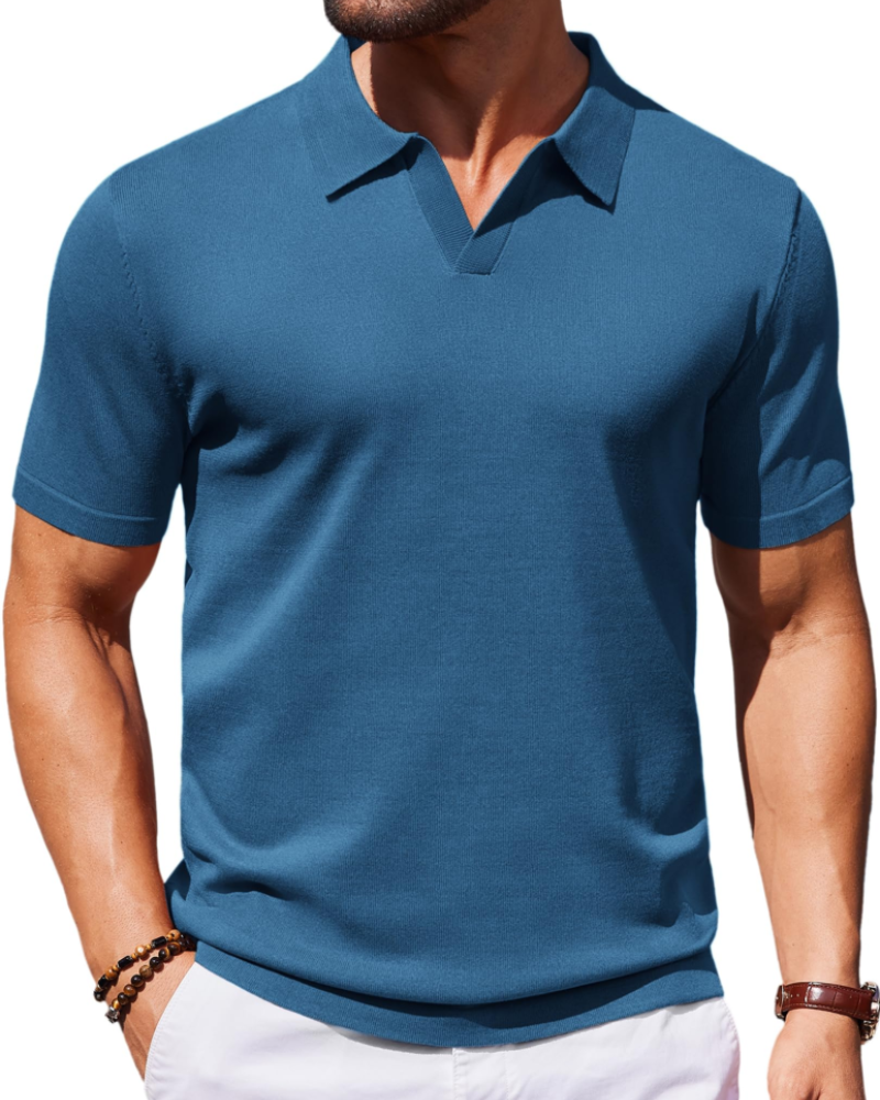 Ethan Men's Knit Polo Shirt – Ice Silk V-Neck Stretch Short Sleeve Polo
