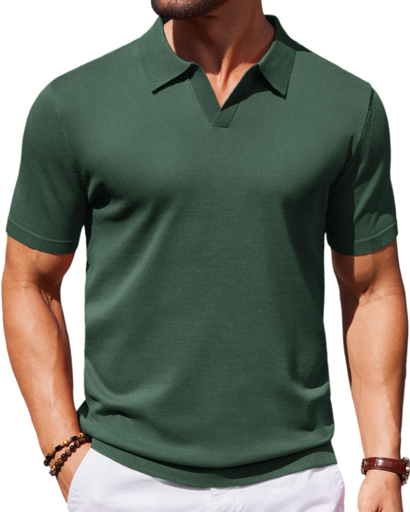 Ethan Men's Knit Polo Shirt – Ice Silk V-Neck Stretch Short Sleeve Polo