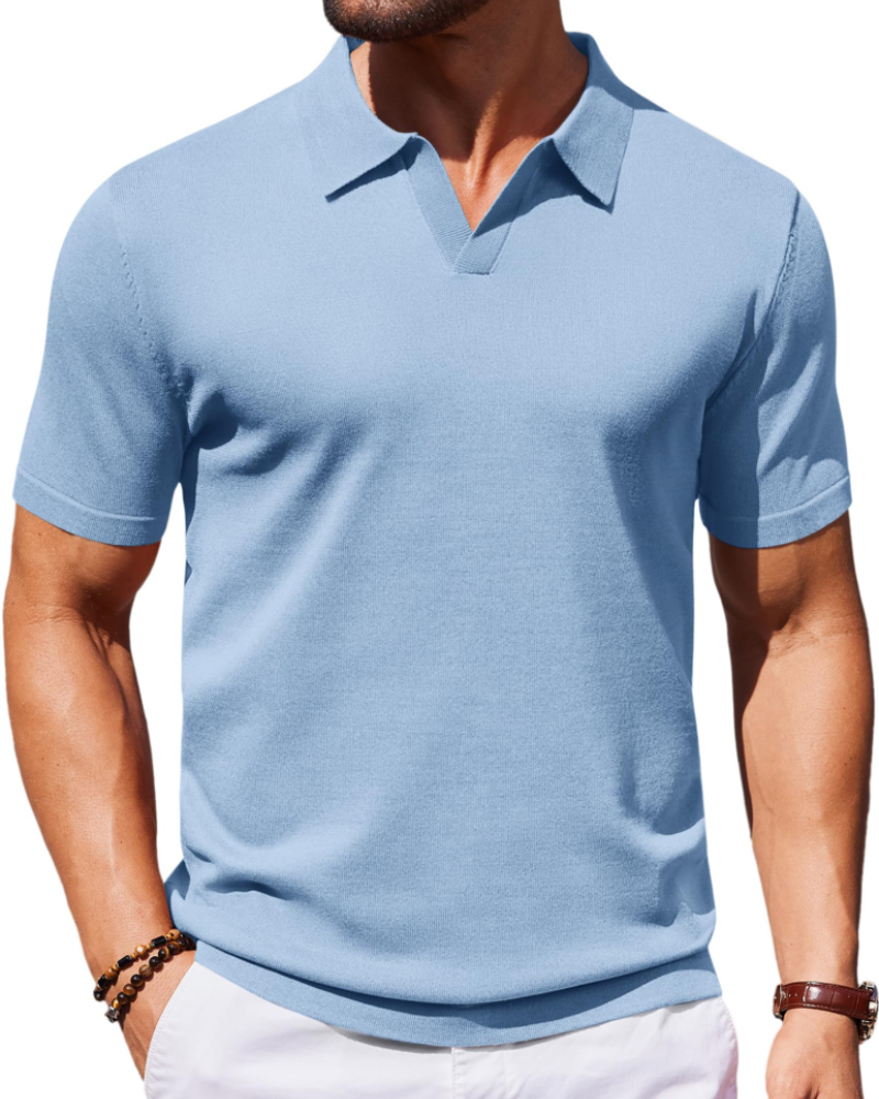 Ethan Men's Knit Polo Shirt – Ice Silk V-Neck Stretch Short Sleeve Polo