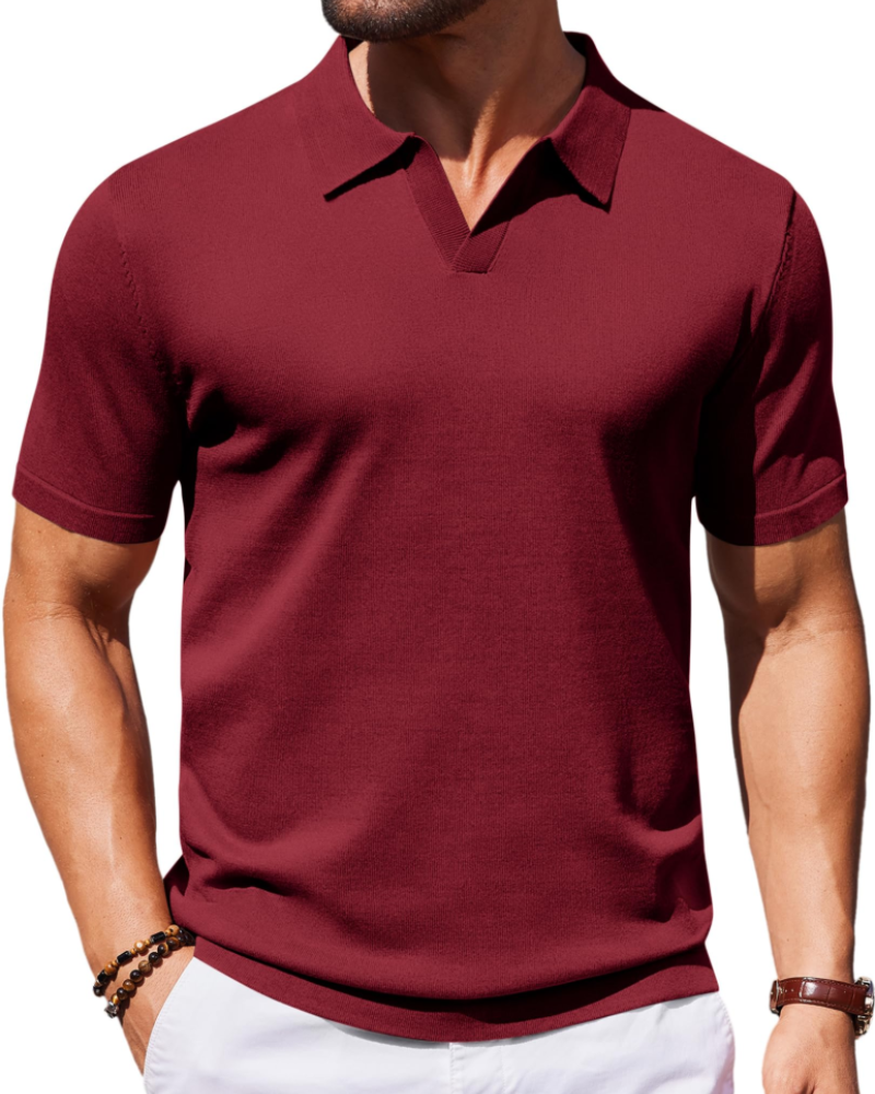 Ethan Men's Knit Polo Shirt – Ice Silk V-Neck Stretch Short Sleeve Polo