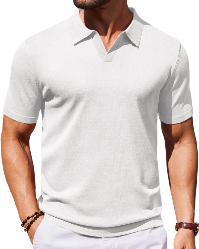 Ethan Men's Knit Polo Shirt – Ice Silk V-Neck Stretch Short Sleeve Polo
