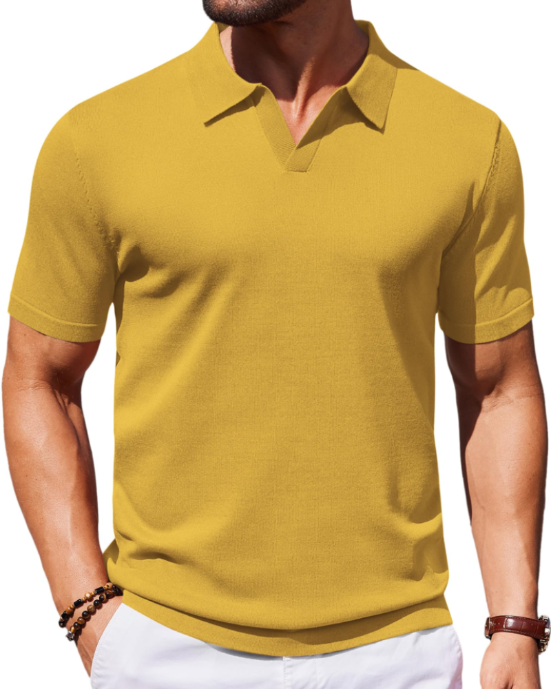 Ethan Men's Knit Polo Shirt – Ice Silk V-Neck Stretch Short Sleeve Polo
