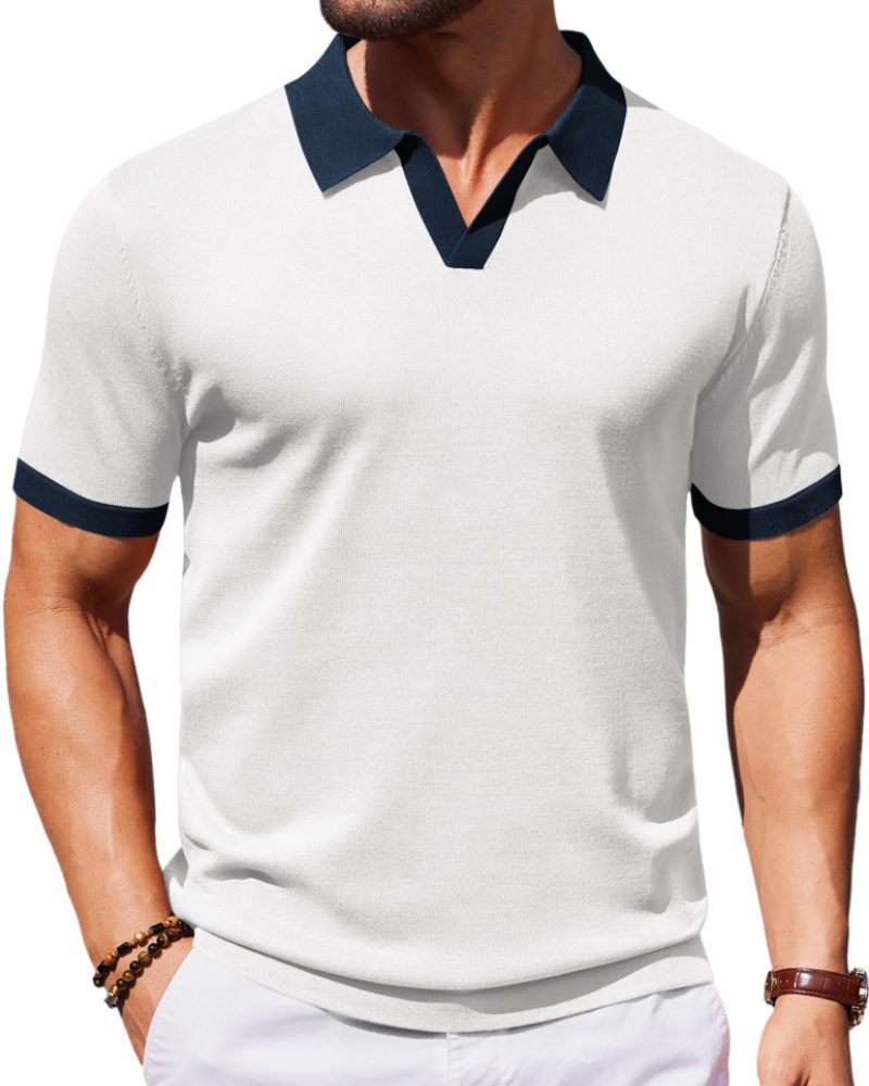 Ethan Men's Knit Polo Shirt – Ice Silk V-Neck Stretch Short Sleeve Polo