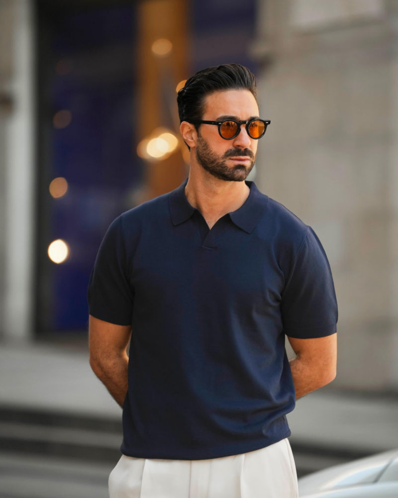 Ethan Men's Knit Polo Shirt – Ice Silk V-Neck Stretch Short Sleeve Polo