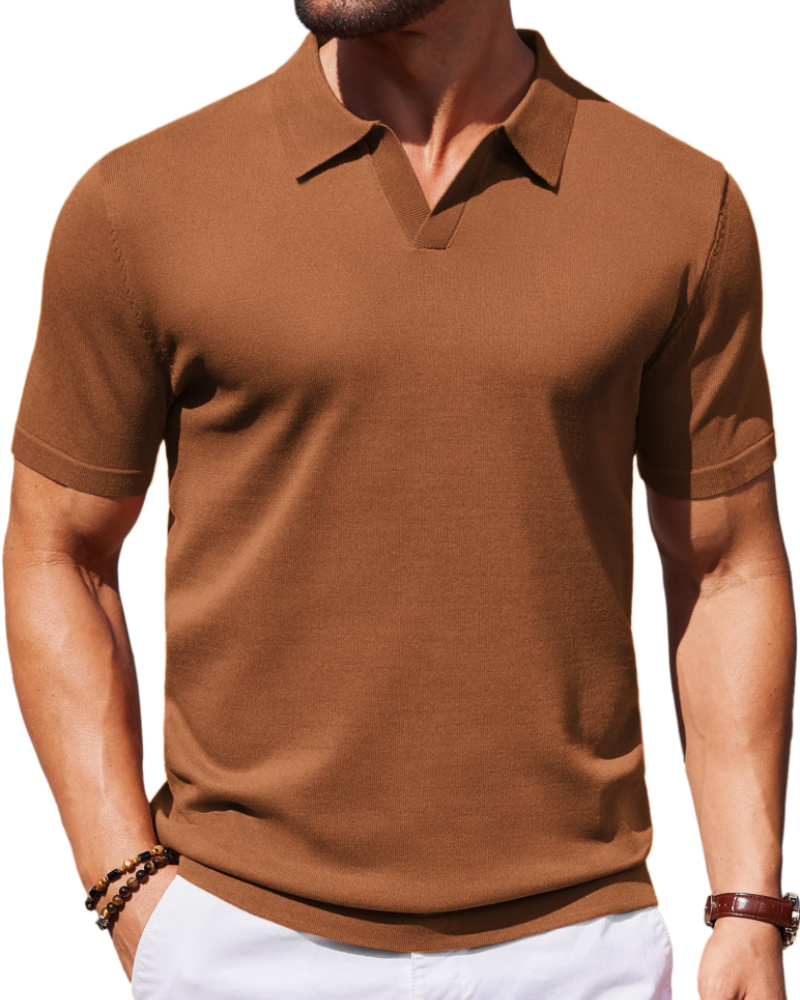 Ethan Men's Knit Polo Shirt – Ice Silk V-Neck Stretch Short Sleeve Polo