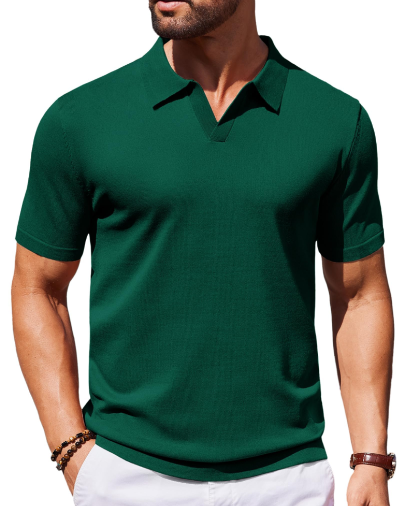 Ethan Men's Knit Polo Shirt – Ice Silk V-Neck Stretch Short Sleeve Polo