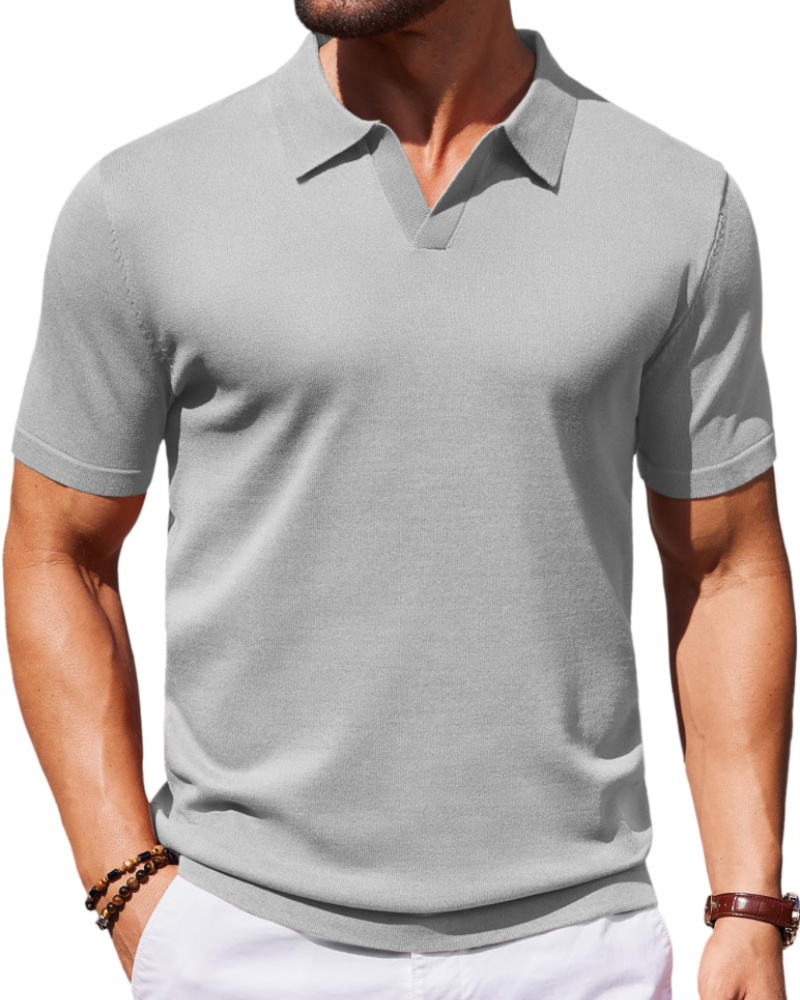 Ethan Men's Knit Polo Shirt – Ice Silk V-Neck Stretch Short Sleeve Polo