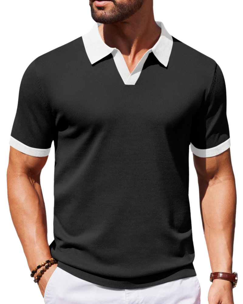 Ethan Men's Knit Polo Shirt – Ice Silk V-Neck Stretch Short Sleeve Polo