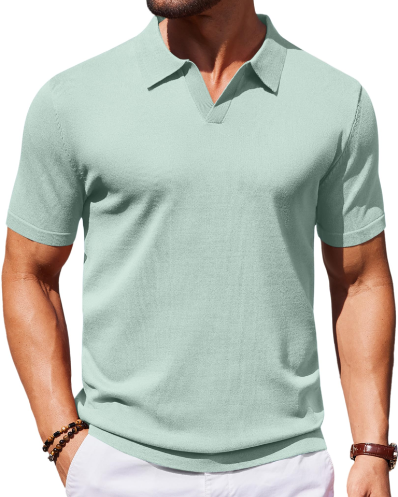 Ethan Men's Knit Polo Shirt – Ice Silk V-Neck Stretch Short Sleeve Polo