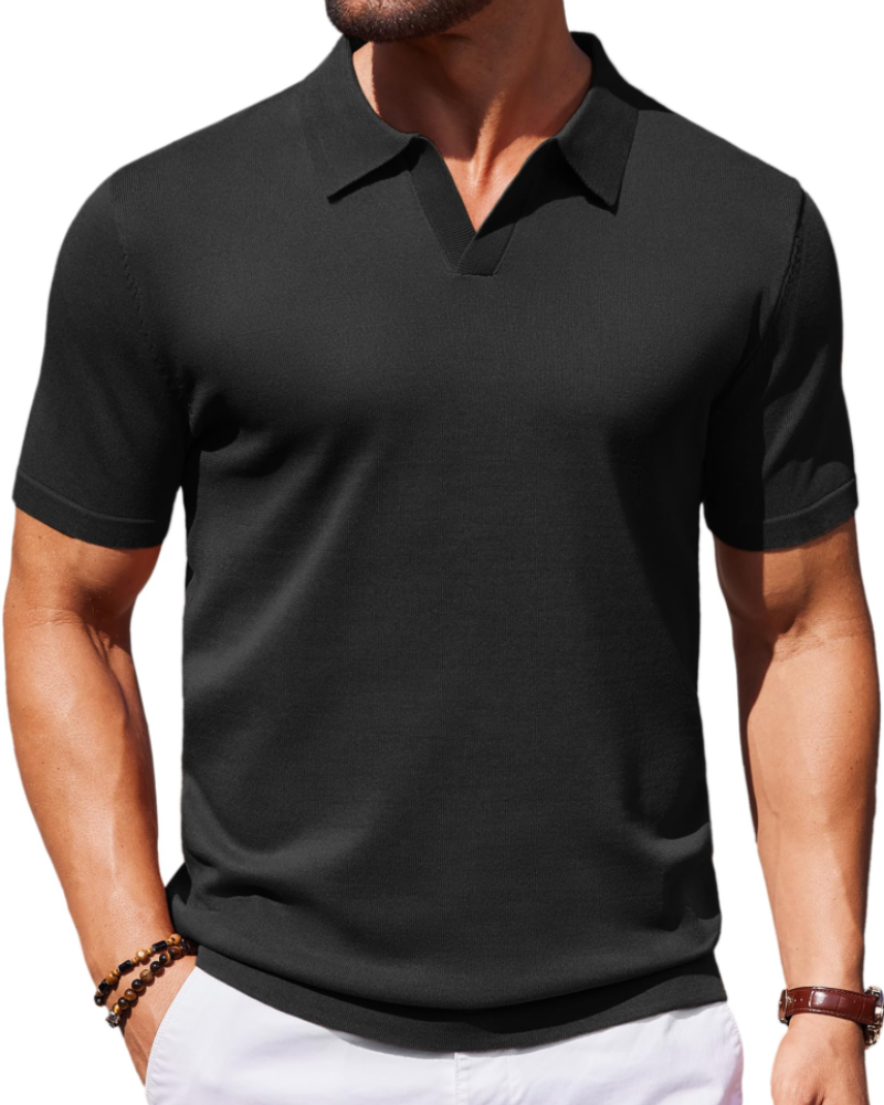 Ethan Men's Knit Polo Shirt – Ice Silk V-Neck Stretch Short Sleeve Polo