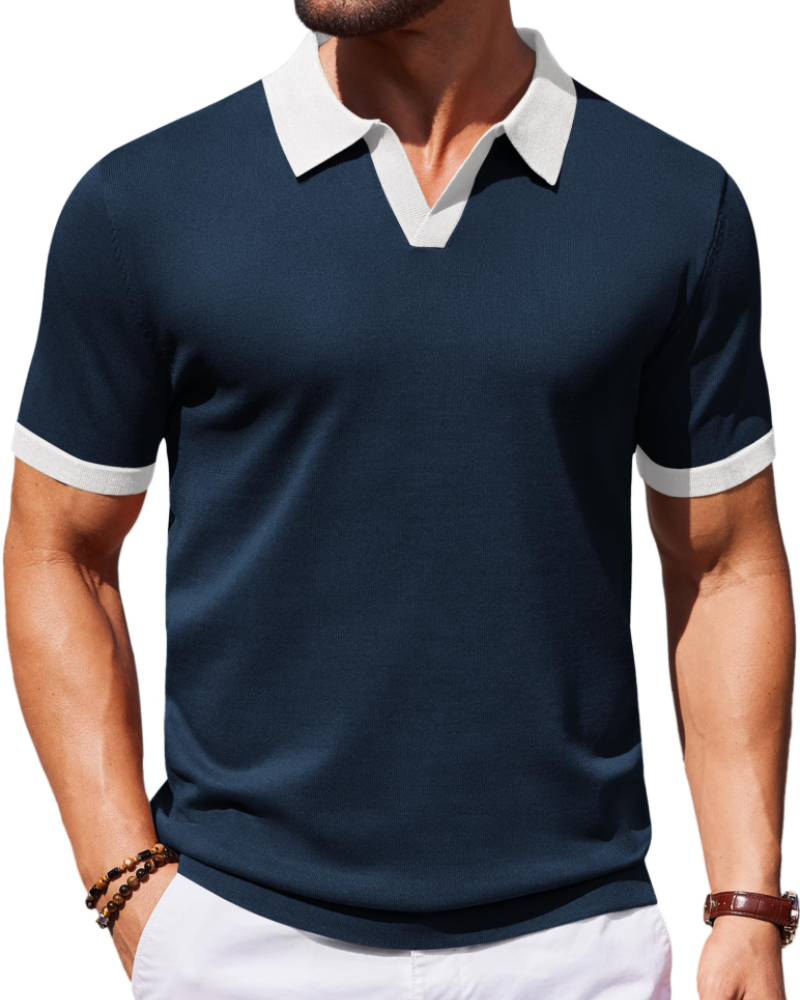 Ethan Men's Knit Polo Shirt – Ice Silk V-Neck Stretch Short Sleeve Polo