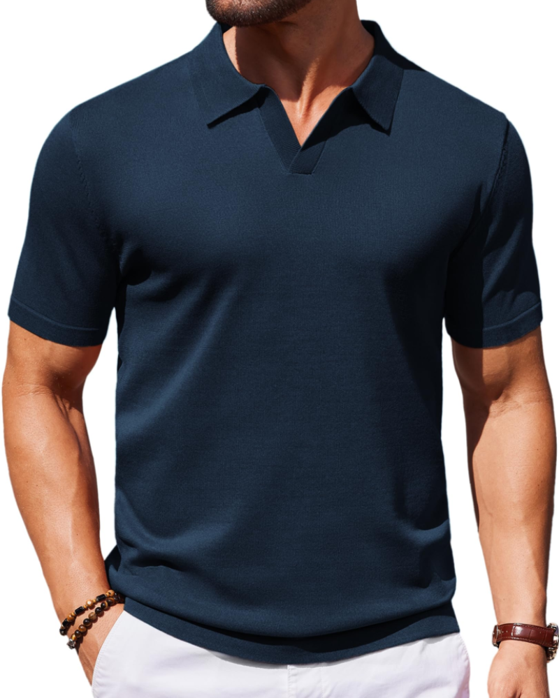 Ethan Men's Knit Polo Shirt – Ice Silk V-Neck Stretch Short Sleeve Polo