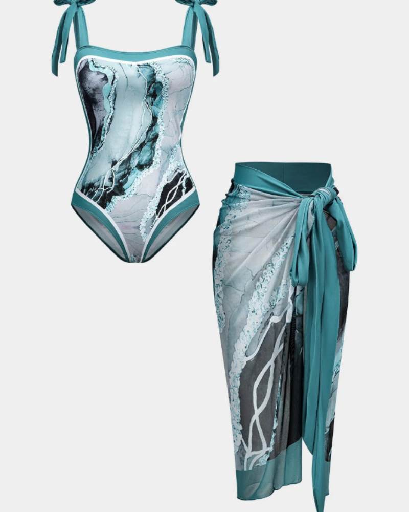 Marissa Women’s Swimsuit Set – Abstract One Piece with Sheer Pareo Cover Up